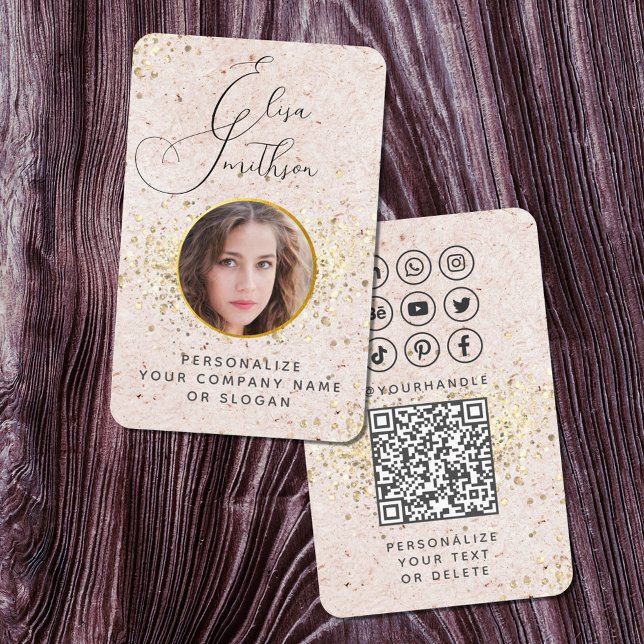 Carte De Visite Blush Rose Gold Custom Médias sociaux QR Code Phot (Créateur téléchargé)