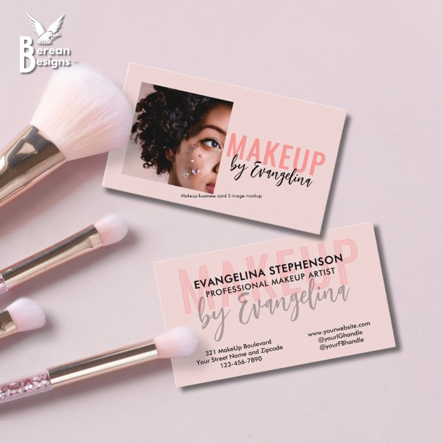 Carte De Visite Blush Rose Noir Script Photo Maquilleuse (Elevate your MUA branding: with this simple, stylish BLUSH PINK MAKEUP BUSINESS CARD with photo)