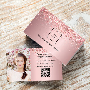 Carte De Visite Blush rose photo QR code parties scintillant pouss