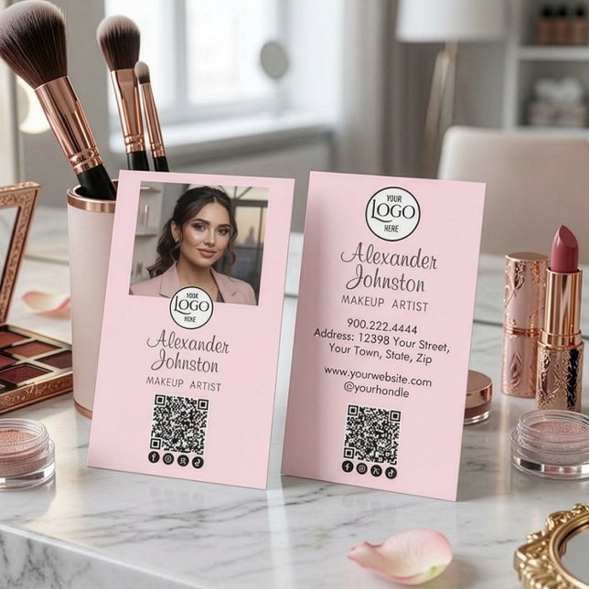 Carte De Visite Blush Rose QR Photo Makeup Artiste Marque (Blush Pink Black Script Social Icon QR Code Photo Makeup Business Card)