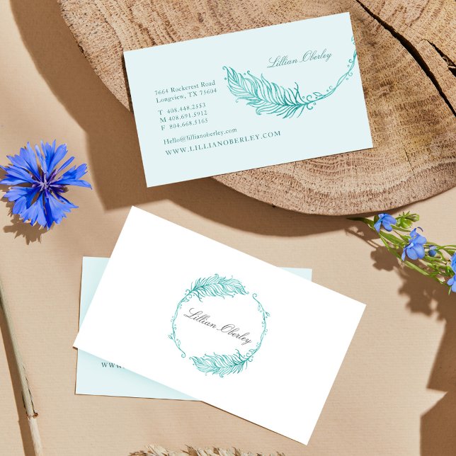 Carte De Visite Boho Aquarelle Turquoise Plumes florales Cimetière (Boho Teal Watercolor Floral Feather Crest Wreath Business Card)