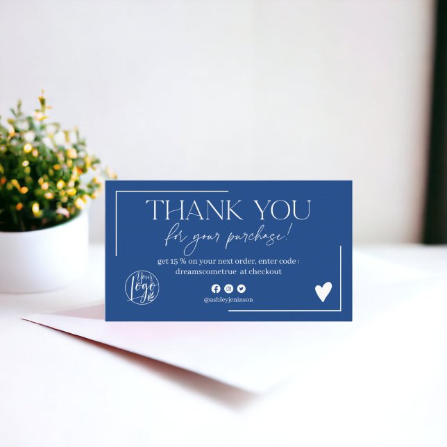 Carte De Visite Boho bleu script ordre merci (Boho blue script order thank you business card)
