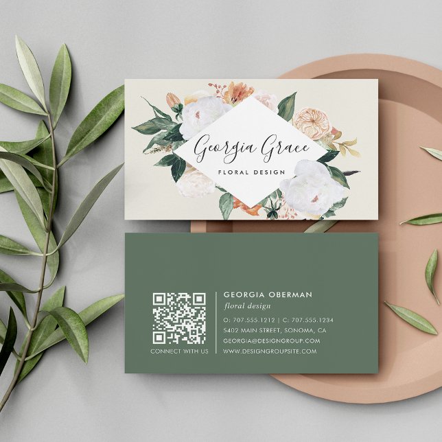 Carte De Visite Boho Blooms aquarelle géométrique Floral QR Code (Créateur téléchargé)