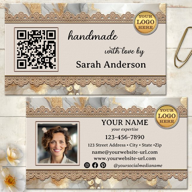 Carte De Visite Boho Chic Artisanat Moderne Fait À La Main (Professional artisan handmade luxury business card - photo - logo - QR code - social media - boho)