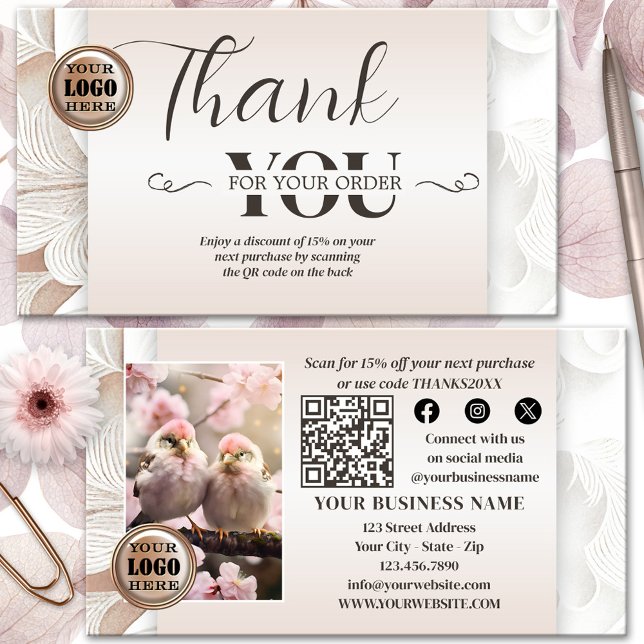 Carte De Visite Boho Chic QR Code Photo Merci Pour Votre Commande (Thank you for your order photo business card featuring a boho chic design in pastel colors - QR code)