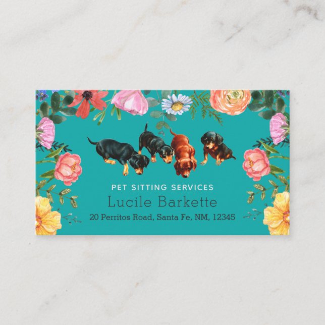 Carte De Visite Boho Dachshund Pet Sitting Wildflowers Teal Blue (Devant)