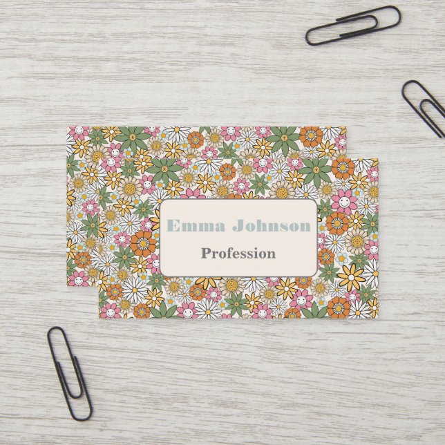 Carte De Visite Boho Daisy Flowers les années 70 Floral Super (Devant/Arrière en situation)