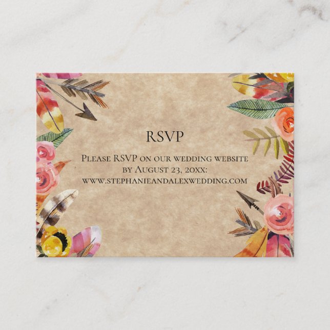 Carte De Visite Boho Feathers Flèches Fleurs Mariage rustique (Devant)