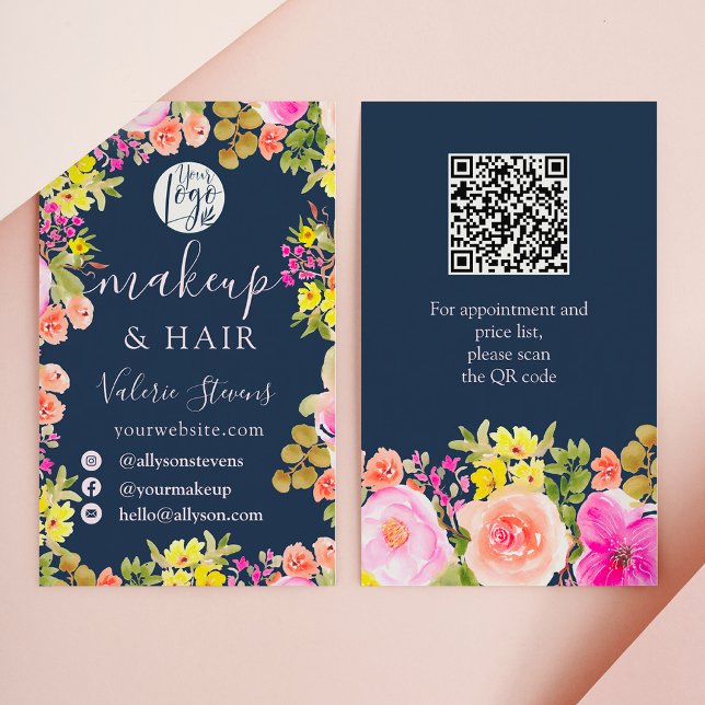 Carte De Visite Boho fleur sauvage jardin aquarelle maquillage che (Boho wild flowers garden watercolor makeup hair business card)