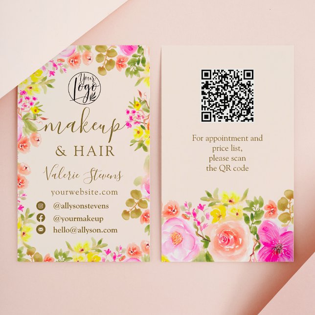 Carte De Visite Boho fleur sauvage jardin aquarelle maquillage che (Boho wild flowers garden watercolor makeup hair business card)