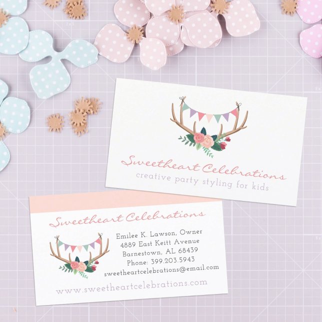 Carte De Visite Boho Floral Antlers & Shabby Rose Party Bund (Créateur téléchargé)