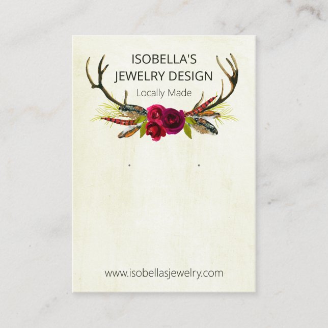 Carte De Visite Boho Floral Antlers Sur Écran De Peinture Beige (Devant)