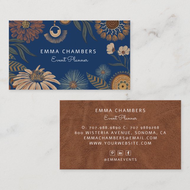 Carte De Visite Boho Floral Event Planner Navy Blue (Devant / Derrière)
