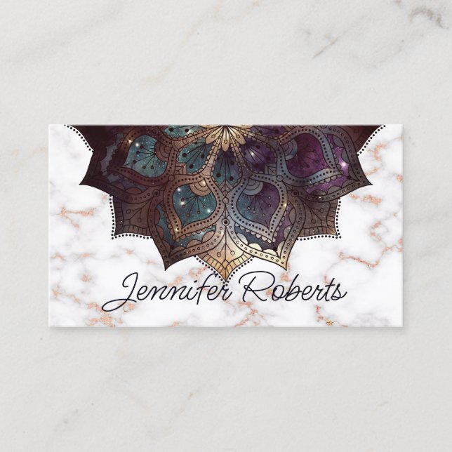 Carte De Visite Boho Floral Mandala Rose Gold Marble Yoga Elégant (Devant)