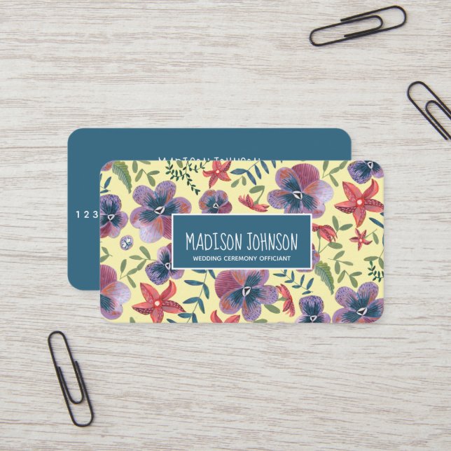 Carte De Visite Boho jaune floral Aquarelle Fleurs (Devant/Arrière en situation)