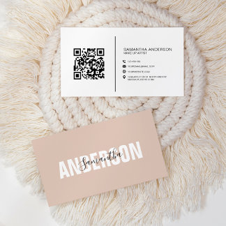 Carte De Visite Boho minimaliste Beige QR Code moderne
