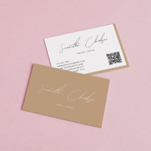 Carte De Visite Boho moderne Beige manuscrit Script QR code