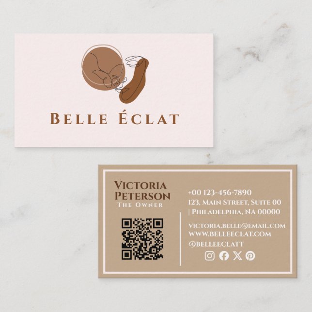 Carte De Visite Boho professionnel Lineart Beige Blanc QR Code (Devant / Derrière)