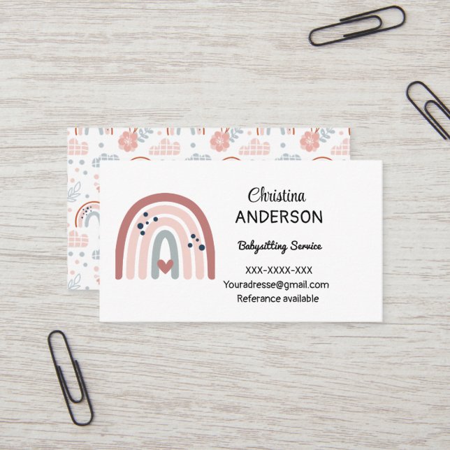 Carte De Visite Boho Rainbow Pastel Heart Babysitting (Devant/Arrière en situation)