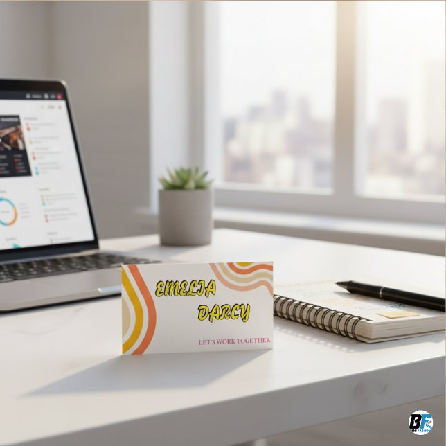 Carte De Visite Boho Retro Script Abstrait Wavy Lines Jaune (Créateur téléchargé)