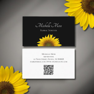 Carte De Visite Boho Sunflower Code QR Botanique Noir