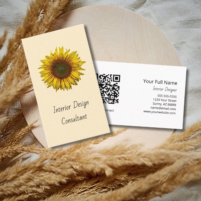 Carte De Visite Boho Sunflower QR code Designer Rustic Cream (Créateur téléchargé)