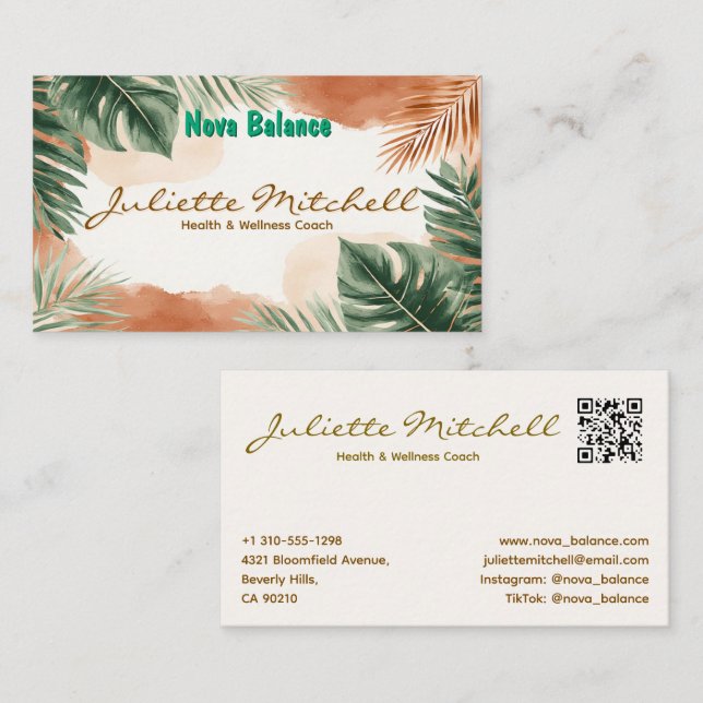 Carte De Visite Boho Terracotta Tropical Health Business Card (Devant / Derrière)