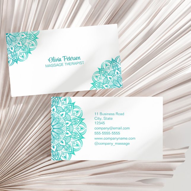 Carte De Visite Boho Turquoise Mandala Massage Therapist (Boho Turquoise Mandala Massage Therapist Business Card on a dry palm leaf.)