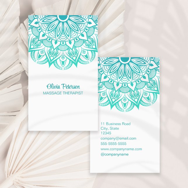 Carte De Visite Boho Turquoise Mandala Massage Therapist (Boho Turquoise Mandala Massage Therapist Business Card on a sunny neutral dry palm leaf.)