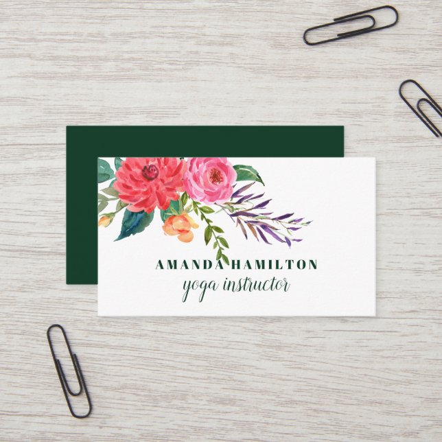 Carte De Visite Boho violet rouge rose Fleurs en fleurs Aquarelle (Devant/Arrière en situation)