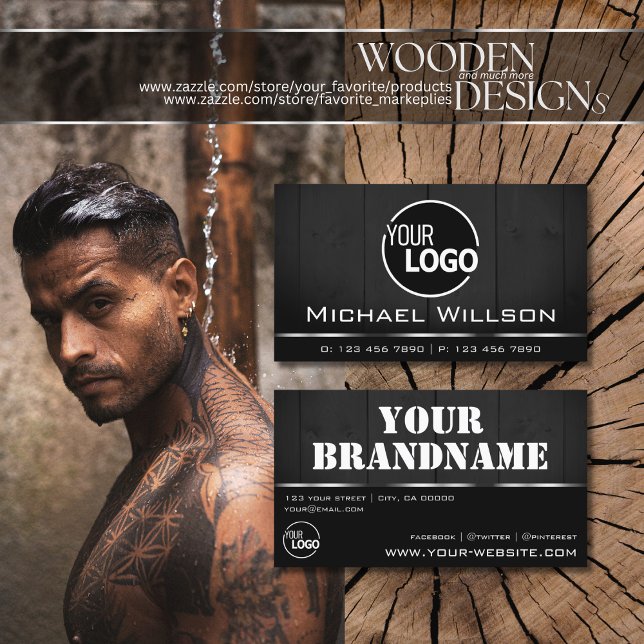 Carte De Visite Bois blanc et noir Bois Bois Grain logo (Créateur téléchargé)