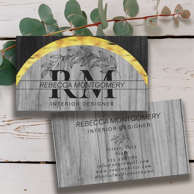Carte De Visite Bois rustique Floral Monogramme Or (Rustic Wood Floral Monogrammed Gold Business Card)