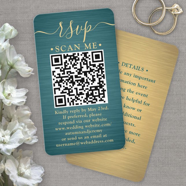 Carte De Visite Boîtier 100 Pack QR RSVP Turquoise et Mariage Gold (Créateur téléchargé)