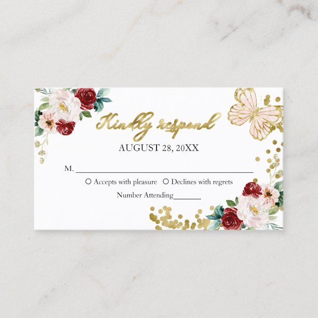 Carte De Visite Boîtier RSVP Sweet 16 Rouge Blush Floral Butterfly (Devant)