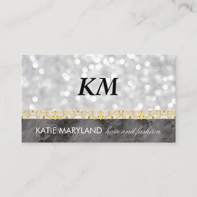 Carte De Visite Bokeh Marbre Noir Or Floral Foil Monogramme (Devant)