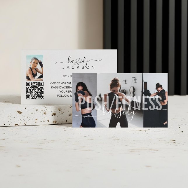 Carte De Visite Bold Fitness Trainer Photo Collage Nom du script Q (Bold Fitness Trainer Photo Collage Script Name QR Business Card)