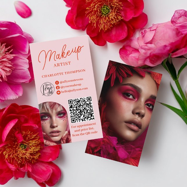 Carte De Visite Bold Modern Pink Makeup Artist 2 Photos Qr Code (Bold Modern Pink Makeup Artist 2 Photos Qr Code Business Card)