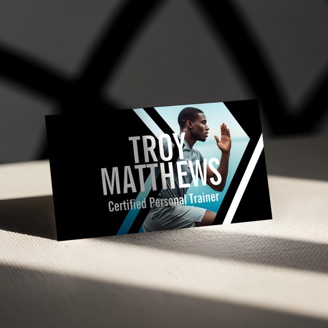 Carte De Visite Bold Strong Modern Personal Trainer Fitness Photo  (Bold Geometrical Photo Personal Trainer Fitness Business Card (Front))