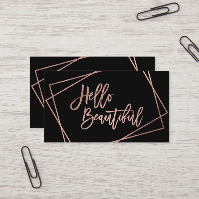 Carte De Visite Bonjour belle fausse rose de script d'or géométriq (Devant/Arrière en situation)