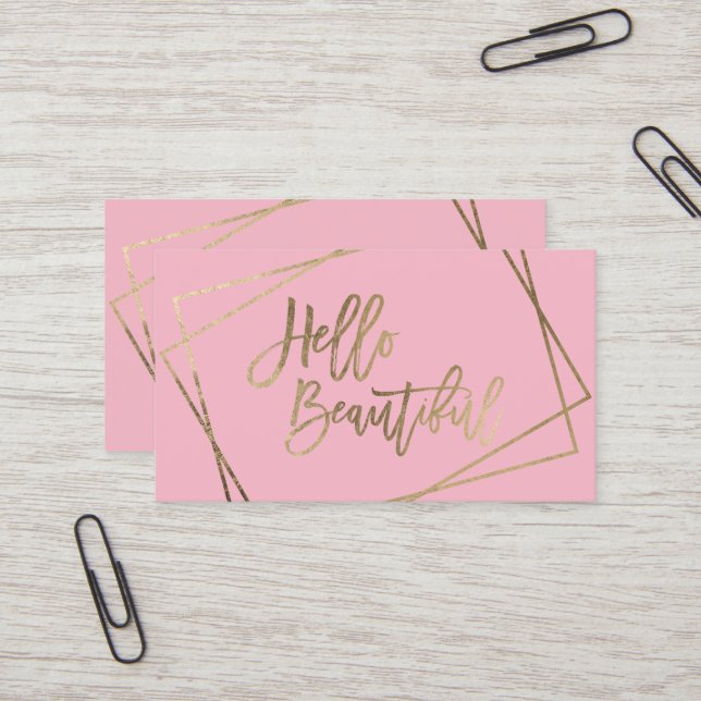 Carte De Visite Bonjour magnifique faux script or rose géométrique (Devant/Arrière en situation)