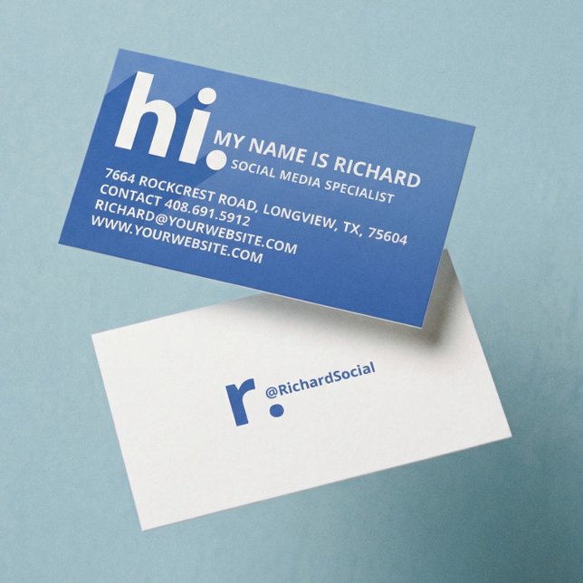 Carte De Visite Bonjour Mon nom est Bold Diagonal Shadow Blue Grad (Modern Bold Blue Social Media Influencer Branding Business Card)