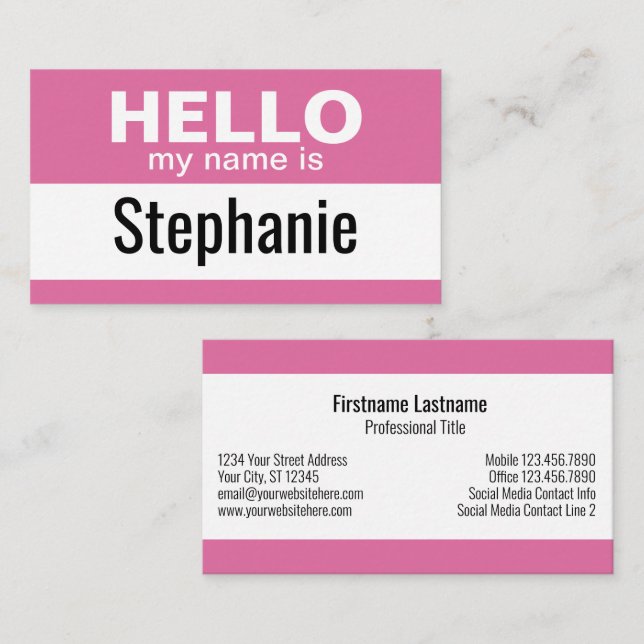 Carte De Visite Bonjour mon nom est - Rose - Informations de conta (Devant / Derrière)