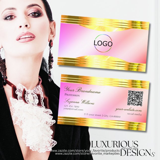 Carte De Visite Bords or rose pastel glamour Logo Code QR (Créateur téléchargé)