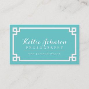 Carte De Visite Bordure clé grecque chic Turquoise et blanche