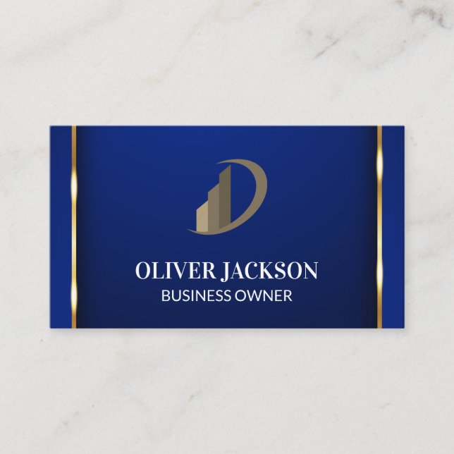 Carte De Visite Bordure d'or | Icône bleue | Logo de l'entreprise (Devant)