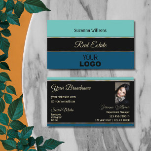 Carte De Visite Bordures bleues turquoises sur noir avec logo et p