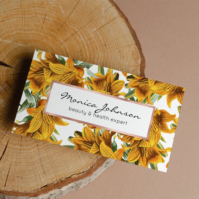 Carte De Visite Botanical rustic orange green lily trendy floral (Botanical rustic orange green lily trendy floral)