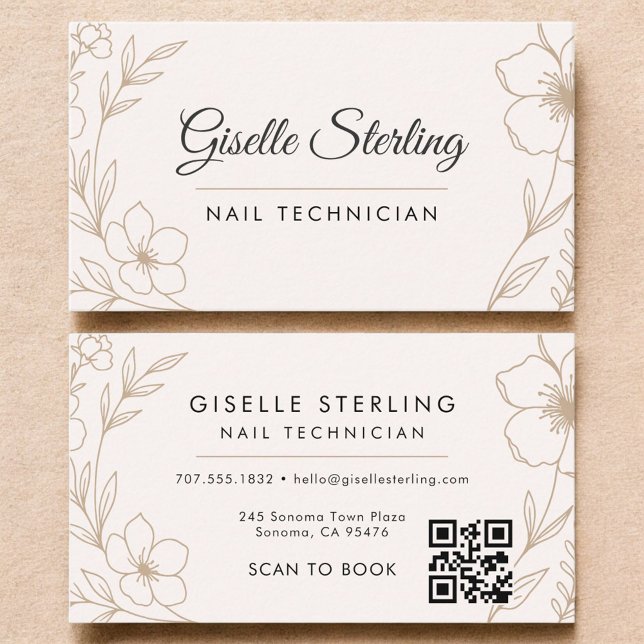 Carte De Visite Botanique Blush Nail Technicien QR Code Floral (Créateur téléchargé)