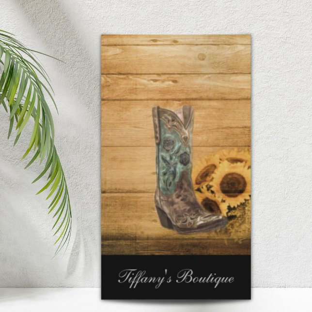 Carte De Visite Botte de tournesol de l'Ouest patiné (Weathered Western Country sunflower cowboy boot Business Card)