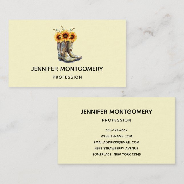 Carte De Visite Bottes rustiques Cowboy avec tournesol (Devant / Derrière)